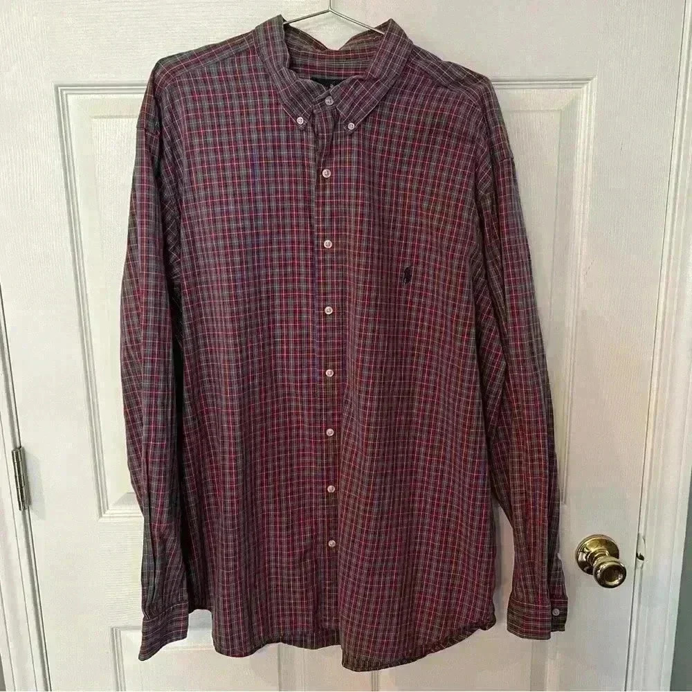 Ralph Lauren Men’s XXL 2XL Button Down Plaid Shirt Red with Gold and Green GUC